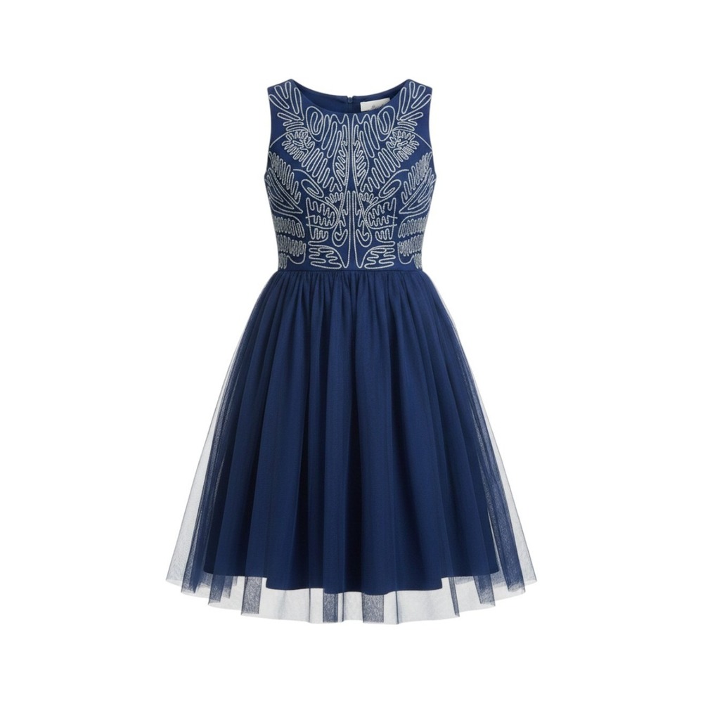 Blue Soutache Embroidered Dress XS Tulle Fit Flare Wedding Guest Balletcore Chic